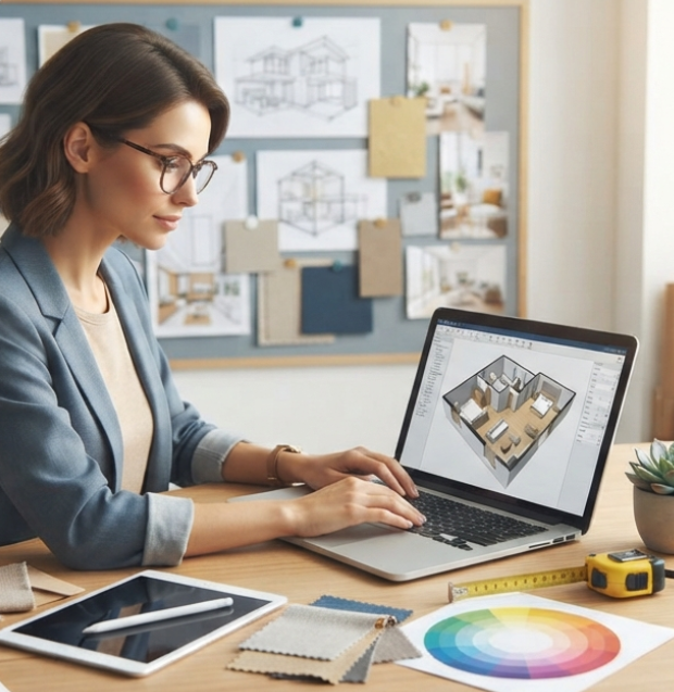 "Interior Design Course की क्लास में डिज़ाइन प्रोजेक्ट पर काम करते students"