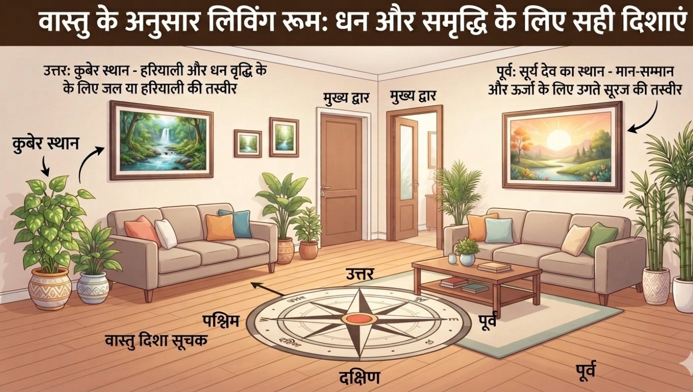 घर के लिविंग रूम में वास्तु अनुसार पौधे और फोटो फ्रेम की सही दिशा दिखाता इलस्ट्रेशन