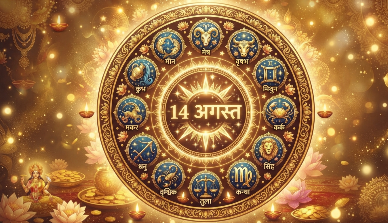 14 अगस्त 2026 शुक्रवार के राशिफल के लिए मेष से मीन तक सभी 12 राशि चिह्नों का इलस्ट्रेशन