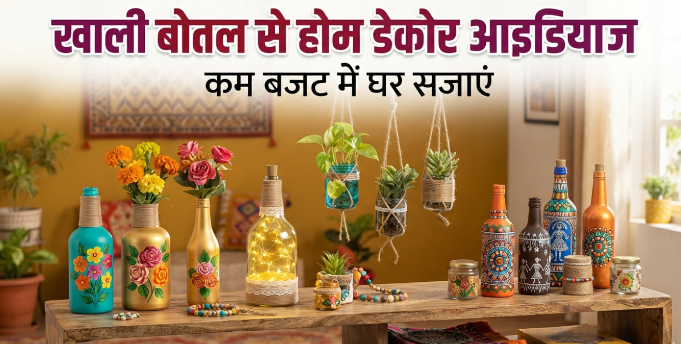 Bottle home decor ideas जैसे पेंटेड फूलदान और कैंडल होल्डर