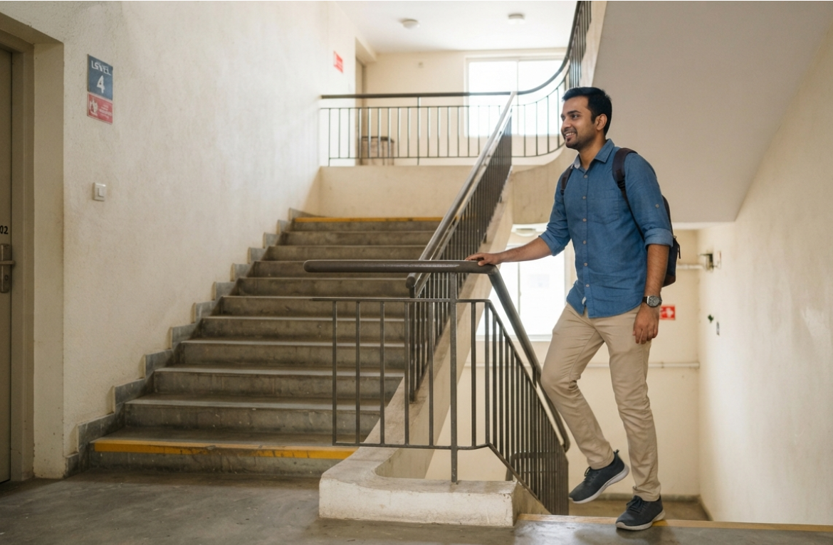 Stair Climbing Knee Benefits दिखाता व्यक्ति सीढ़ियां चढ़ते हुए, पैर की मांसपेशियां मजबूत करने की एक्सरसाइज
