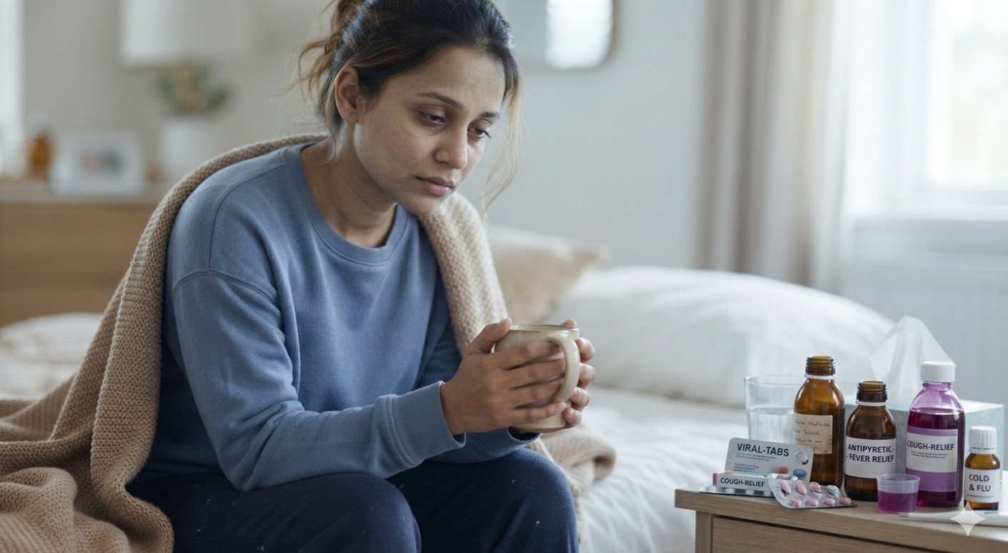 Flu Recovery Weakness के दौरान बिस्तर पर आराम करता व्यक्ति