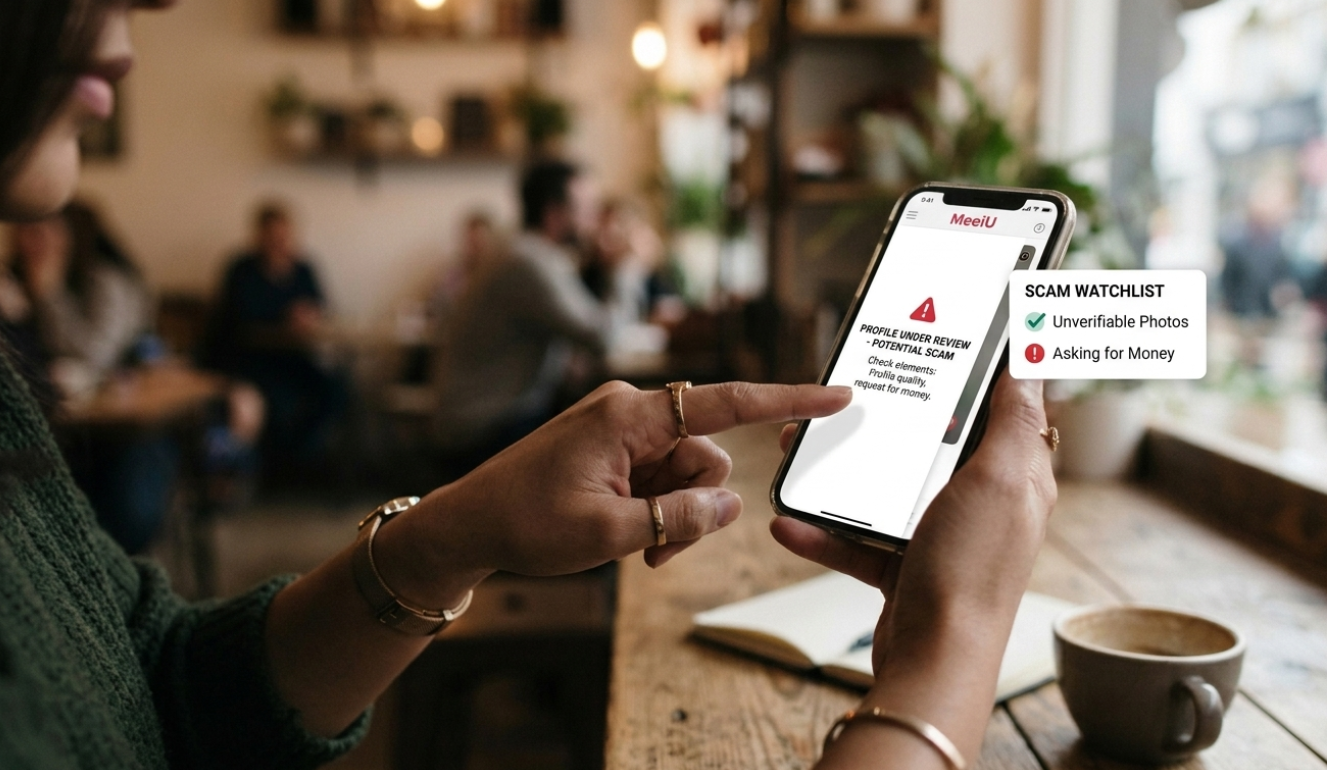 dating app fraud signs पहचानने के लिए स्मार्टफोन पर डेटिंग ऐप चेक करती महिला