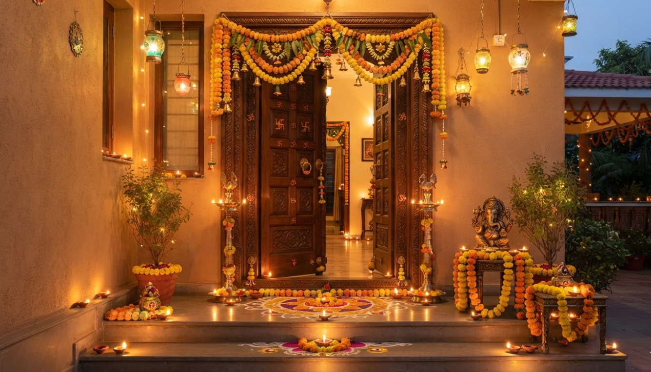 वास्तु टिप्स घर में सुख-समृद्धि के लिए सजा हुआ मुख्य द्वार