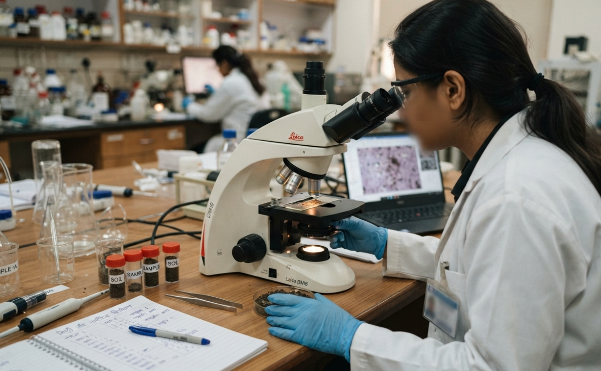 प्लास्टिक खाने वाला बैक्टीरिया एंजाइम दिखाती लैब में मिट्टी और प्लास्टिक सैंपल की जांच