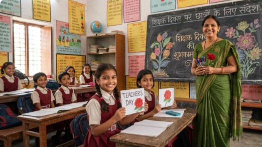 विश्व शिक्षक दिवस 2026 पर कक्षा में शिक्षिका को धन्यवाद कार्ड देते बच्चे का चित्रण