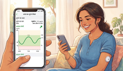 डायबिटीज़ में शुगर उतार-चढ़ाव दिखाता CGM ग्राफ और सुबह मुस्कुराता व्यक्ति, मूल इलस्ट्रेशन