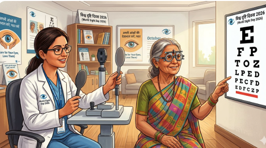 विश्व दृष्टि दिवस 2026 पर आंखों की जांच कराती महिला और आई चार्ट, मूल इलस्ट्रेशन