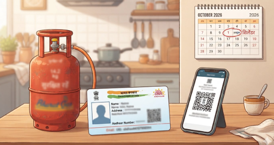 1 अक्टूबर नए नियम के तहत रसोई गैस सिलेंडर, आधार कार्ड और बैंक पासबुक दिखाता मूल इलस्ट्रेशन