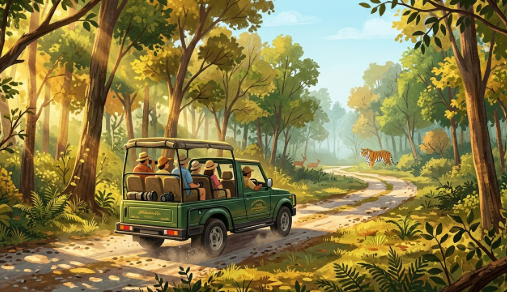 टाइगर रिज़र्व सफारी अक्टूबर में जंगल के कच्चे रास्ते पर खुली जिप्सी और दूर बैठा बाघ, मूल इलस्ट्रेशन