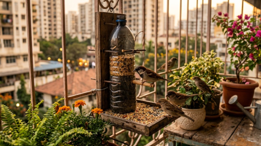 बालकनी की रेलिंग पर टंगा पुरानी बोतल से बना DIY बर्ड फीडर और पास में पानी का सकोरा