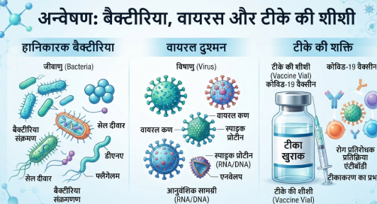 संक्रमण से कैंसर: माइक्रोस्कोप के नीचे बैक्टीरिया और वायरस के कणों का मूल इलस्ट्रेशन