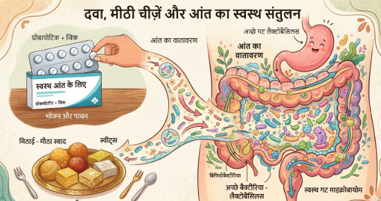 एंटीबायोटिक और चीनी: दवा की गोलियों के पास मिठाई की प्लेट और आंत के बैक्टीरिया का सरल इलस्ट्रेशन