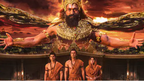 रामायण पार्ट 1 रिलीज़ से पहले रोशनी से सजे सिनेमाघर के बाहर टिकट लेने के लिए कतार में खड़े दर्शकों का मूल इलस्ट्रेशन